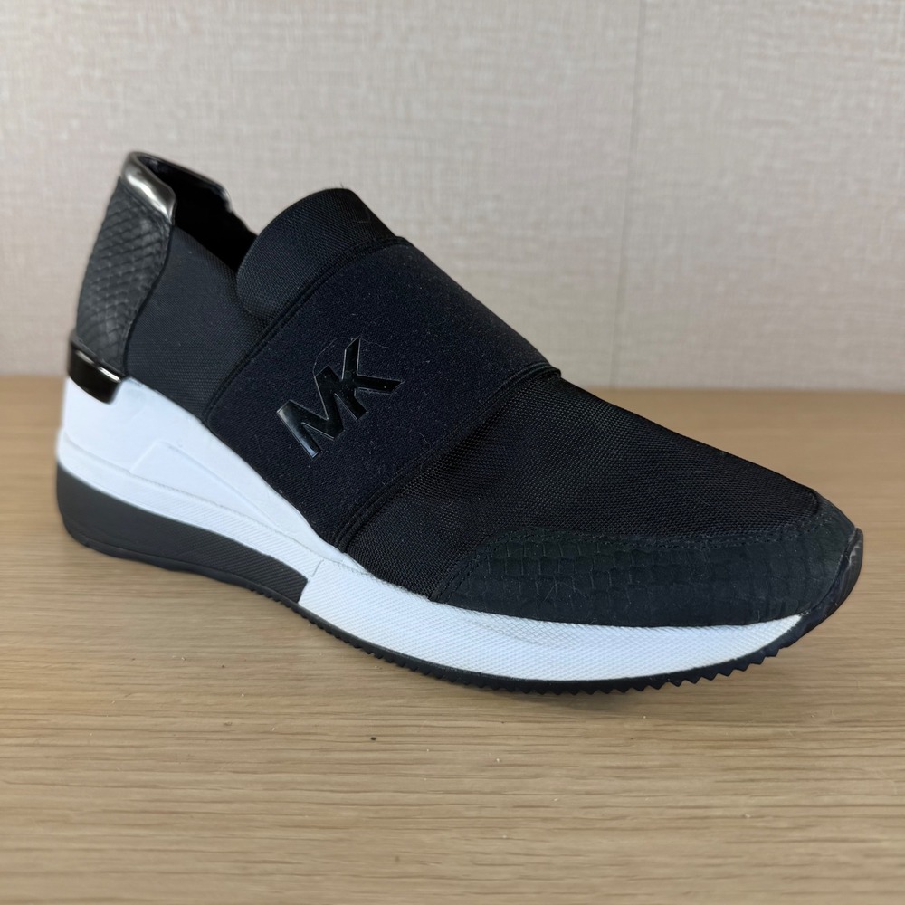 Michael Kors Felix Trainer Womens 7.5M Black White Slip On Wedge Sneaker MK Logo